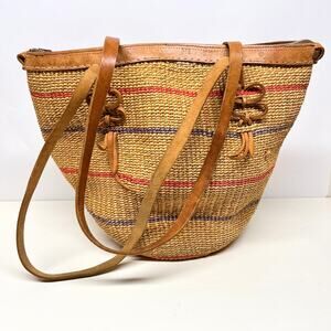 Vintage Woven Market Bag with Leather Straps